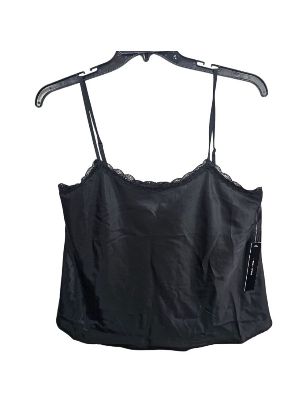 Moa Moa Black Lace-Trim Satin Cami Top With Adjustable Straps Large